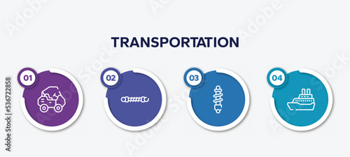 infographic element template with transportation outline icons such as all terrain, damper, shock absorber, cruise ship vector.