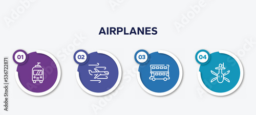 infographic element template with airplanes outline icons such as trolley bus, turbulence, double decker bus, military helicopter bottom view vector.