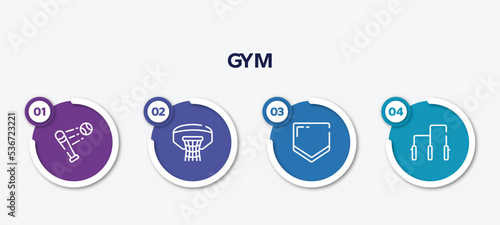 infographic element template with gym outline icons such as battered ball, basketball hoop, home plate, gym bars vector.