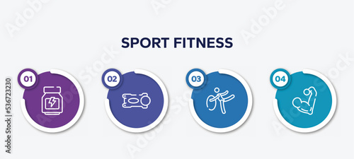 infographic element template with sport fitness outline icons such as whey protein, stem, rhythmic gymnastics, muscular vector.