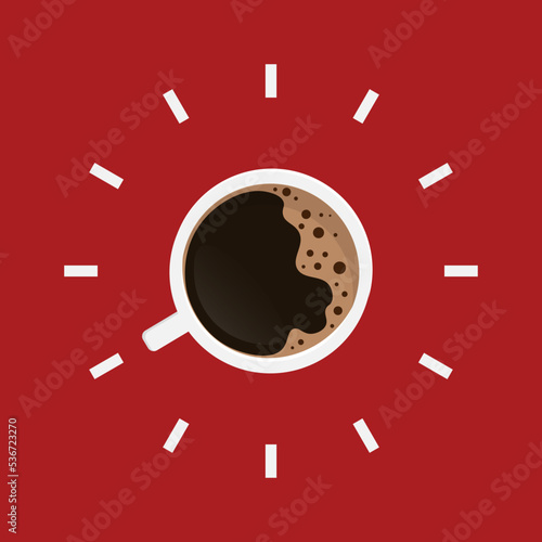 Coffee poster with time clock. wake up morning 8 o'clock. vector illustration in flat style modern design. isolated on red background.