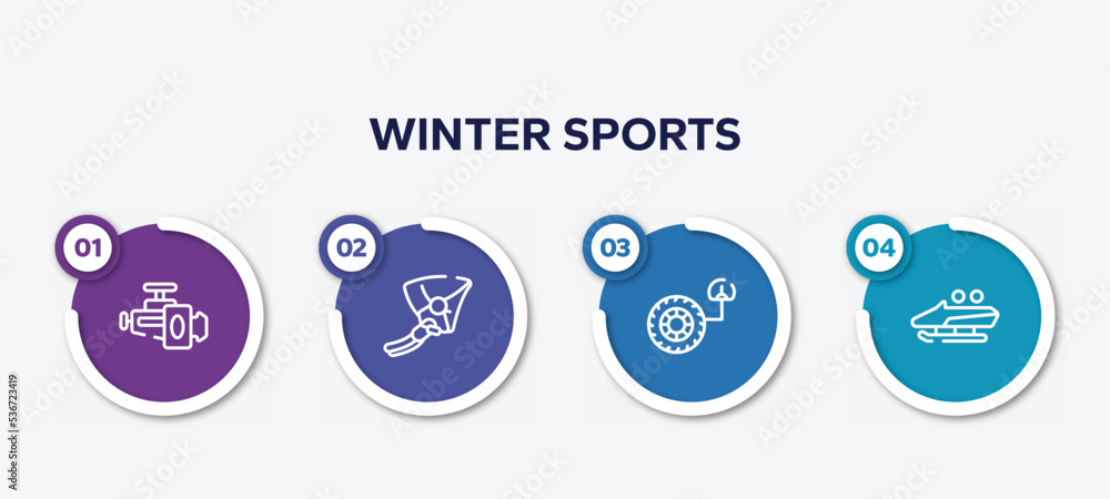 infographic element template with winter sports outline icons such as horsepower, hang glider, tire pressure, bobsled vector. infographic element template with winter sports outline icons such as horsepower, hang glider, tire pressure, bobsled vector.