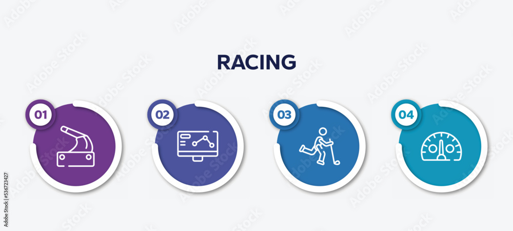 infographic element template with racing outline icons such as handbrake, telemetry, bowman, kmh vector.