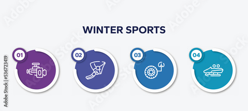 infographic element template with winter sports outline icons such as horsepower, hang glider, tire pressure, bobsled vector.