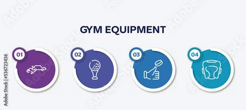 infographic element template with gym equipment outline icons such as autocross, tee, coin toss, headgear vector.
