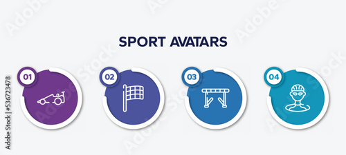 infographic element template with sport avatars outline icons such as drag racing, black flagged, hurdle, cyclist vector.