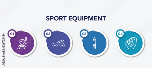 infographic element template with sport equipment outline icons such as committee, fitness step, dive knife, baseball ball vector.