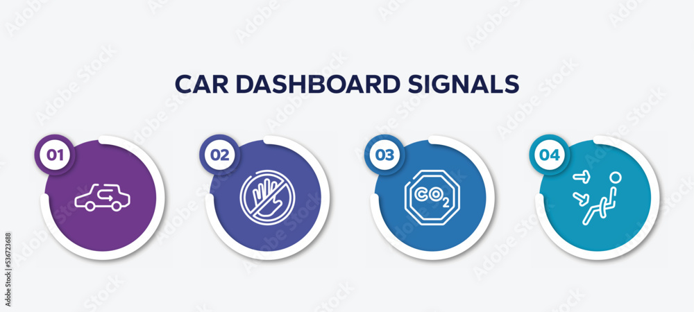 infographic element template with car dashboard signals outline icons such as recirculation, not touch, co2, air outlet vector. infographic element template with car dashboard signals outline icons such as recirculation, not touch, co2, air outlet vector.
