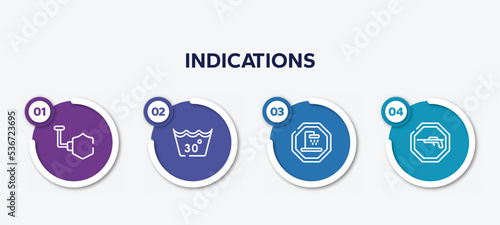 infographic element template with indications outline icons such as shield, 30 degree laundry, shower place, hunting zone vector.