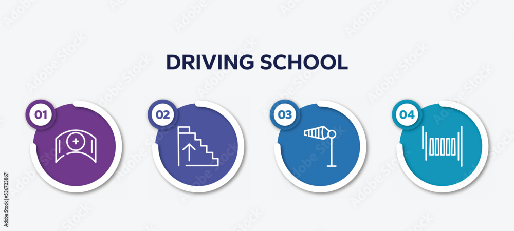 infographic element template with driving school outline icons such as nursing, ascending stairs, wind flag, zebra crossing vector.