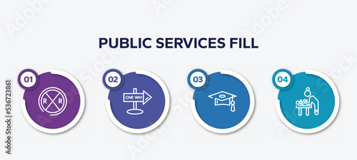 infographic element template with public services fill outline icons such as railroad crossing, one way street, graduate cap, baby changer vector.