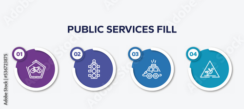 infographic element template with public services fill outline icons such as ecological bicycle transport, semaphore light, hackney carriage, wet floot vector.