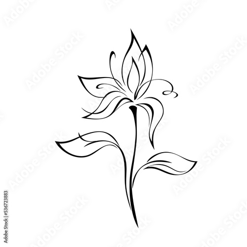 one stylized blooming flower on a short stem with leaves. graphic decor