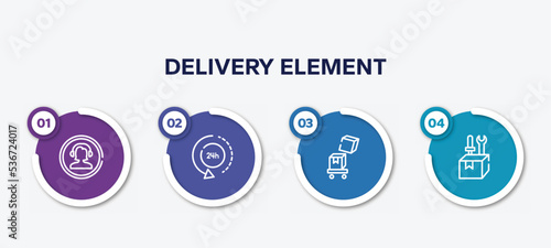 infographic element template with delivery element outline icons such as phone assistance, 24 hours delivery, overflow, construction and tools vector.