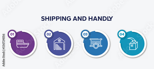 infographic element template with shipping and handly outline icons such as sea ship, stack in deposite, delivery insurance, put in box vector.