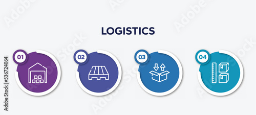 infographic element template with logistics outline icons such as distribution center, pallets, delivery packaging box, storage capacity vector.