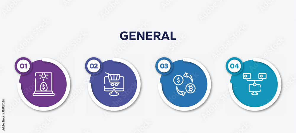 infographic element template with general outline icons such as business incubator, ecommerce platform, crypto-exchange, bpm vector.