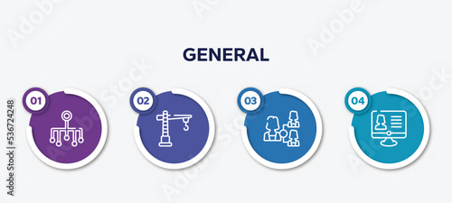 infographic element template with general outline icons such as classification, construction crane, hr planning, hr software vector.