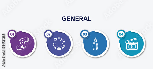 infographic element template with general outline icons such as heart between hands, clockwise, nippers, fragments vector.