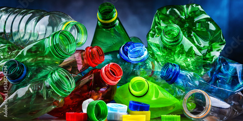 Empty colored drink bottles. Recyclable plastic waste