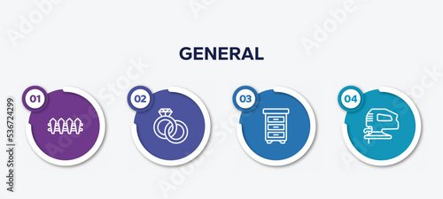 infographic element template with general outline icons such as wooden fence, interlocking rings, office cabinet, fretsaw vector.