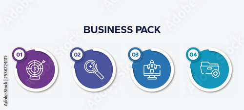 infographic element template with business pack outline icons such as target with an arrow, zoom or search, rocket launch monitor, folder with plus vector.