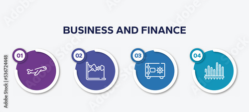 infographic element template with business and finance outline icons such as inclined airplane, dual chart, safe locker, seven bars chart vector.