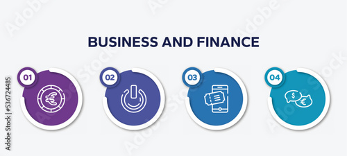infographic element template with business and finance outline icons such as round euro button, on power, eticket, talking about money vector.