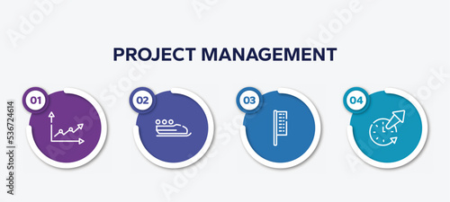 infographic element template with project management outline icons such as line graph, bobsleigh, bow flags, time out vector.