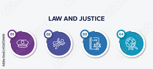 infographic element template with law and justice outline icons such as police cap, crime scene, labour and social law, diploy vector.