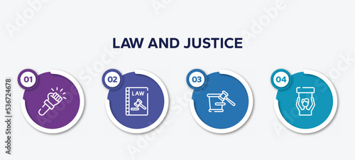 infographic element template with law and justice outline icons such as violence, constitutional law, court trial, civil rights vector.