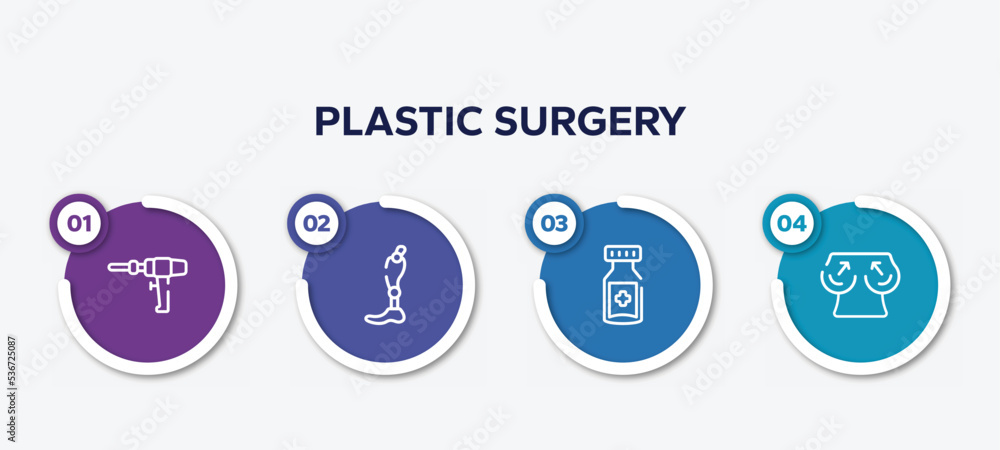 infographic element template with plastic surgery outline icons such as medical drill, prothesis, medicine jar, boobs vector.