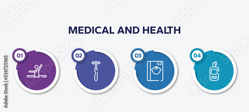 infographic element template with medical and health outline icons such as stretch, neurology reflex hammer, baby book, glucometer vector.