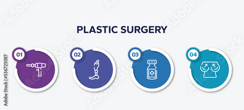 infographic element template with plastic surgery outline icons such as medical drill, prothesis, medicine jar, boobs vector.