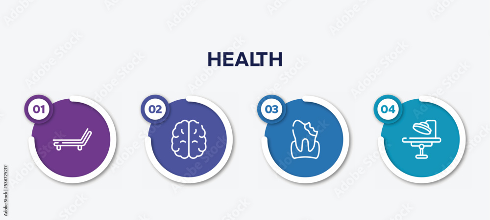 infographic element template with health outline icons such as deckchair, brain upper view, decay, operating room vector.