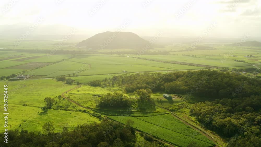 Green Farm Countryside With Fog And Mountain At Sunset, 4K Aerial Drone Green Farm Countryside With Fog And Mountain At Sunset, 4K Aerial Drone