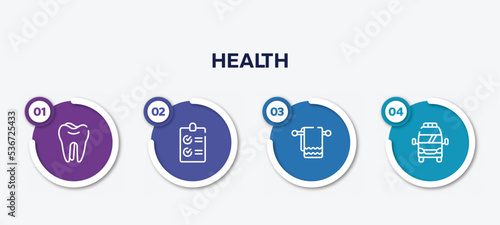 infographic element template with health outline icons such as molar, checked list, cloth towel, frontal ambulance vector.