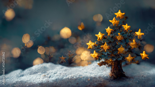 Close up single xmas tree in focus xmas evening with sparking stars garlands. Glittering magic woods. Toy festive woods background .3D illustration design postcard