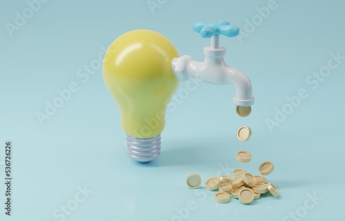 Light bulb with tap money cash flow pipe, creative idea to make money, innovation to earn profit from business concept, 3d render illustration.