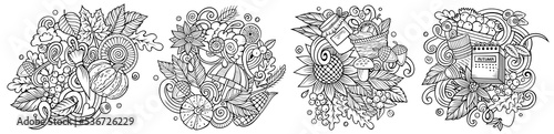 Autumn cartoon vector doodle designs set