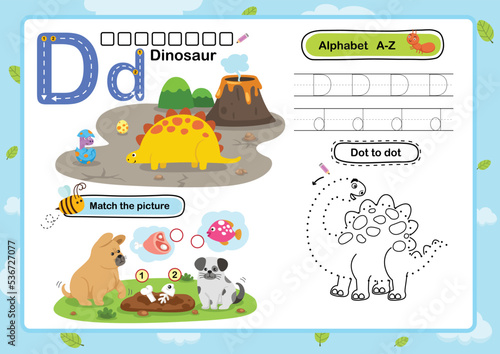 Alphabet Letter D-Dinosaur exercise with cartoon vocabulary illustration, vector