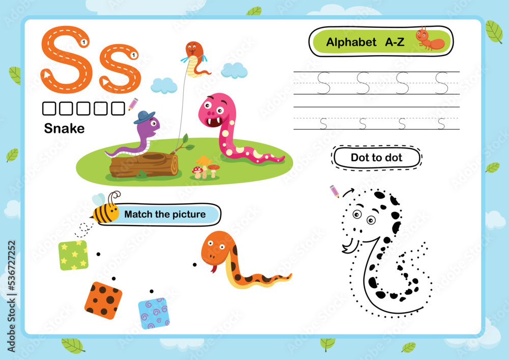 Naklejka premium Alphabet Letter S-Snake exercise with cartoon vocabulary illustration, vector