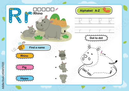 Alphabet Letter R-Rhino exercise with cartoon vocabulary illustration, vector