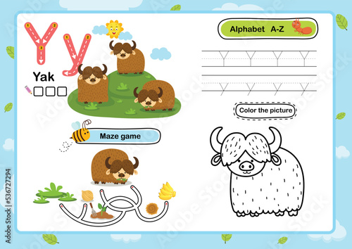 Alphabet Letter Y-Yak exercise with cartoon vocabulary illustration, vector