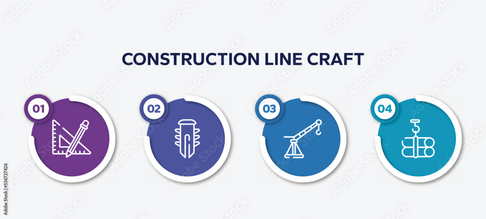 infographic element template with construction line craft outline icons such as ruler and pencil, dyupel, davit, tubes hook vector. infographic element template with construction line craft outline icons such as ruler and pencil, dyupel, davit, tubes hook vector.