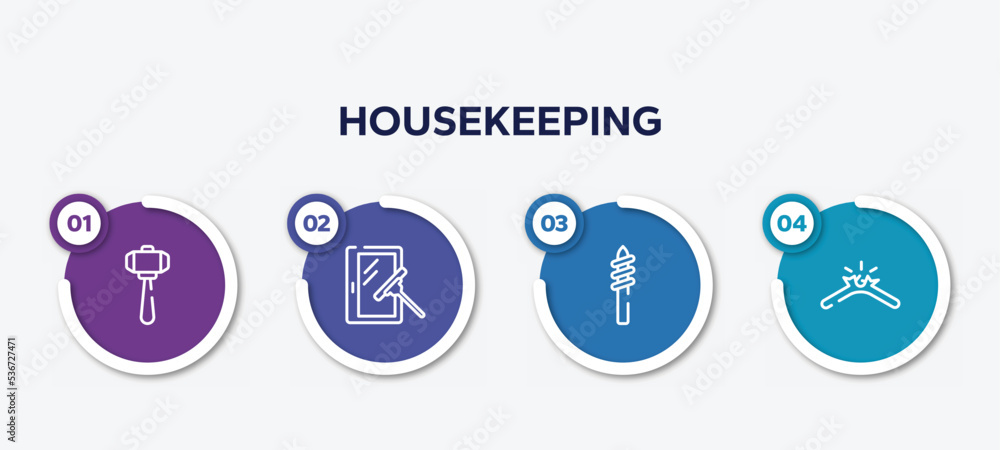 infographic element template with housekeeping outline icons such as big hammer, window cleaner, drill tip, broken cable vector.