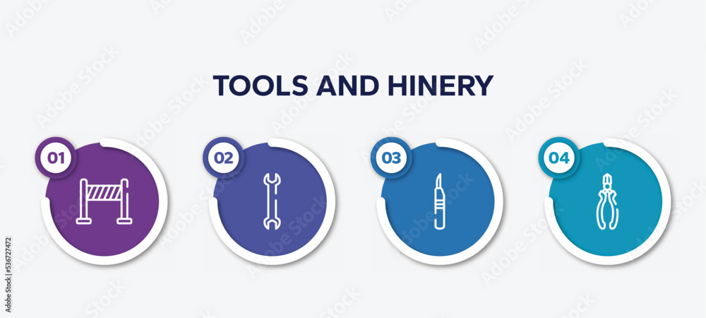 infographic element template with tools and hinery outline icons such as road panel, big double wrench, leather cutter, nippers vector. infographic element template with tools and hinery outline icons such as road panel, big double wrench, leather cutter, nippers vector.