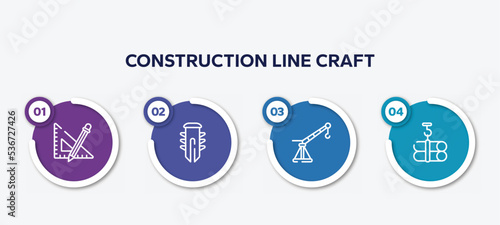 infographic element template with construction line craft outline icons such as ruler and pencil, dyupel, davit, tubes hook vector.