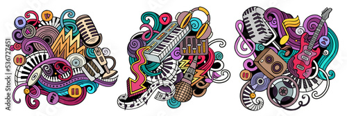 Disco music cartoon vector doodle designs set.