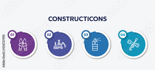 infographic element template with constructicons outline icons such as mower scissor, construction excavator, paint spray can, screwdriver and doble wrench vector.